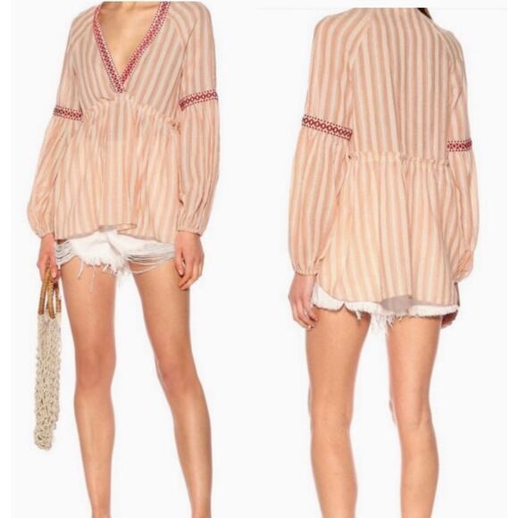 Lem Lem Striped V Neck Blouse Pink Cotton Size Small - Picture 1 of 13